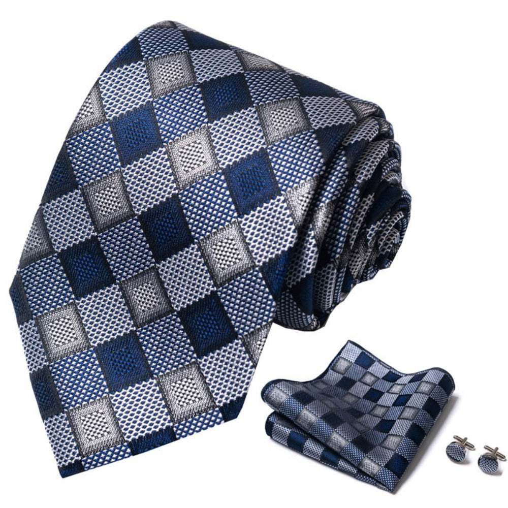 Blue Plaid Pattern Necktie Set / Pocket Square Tie Bowtie Cufflinks Set / Wedding Tie / Tie Clips / Gift for him Mens Groomsmen Gift