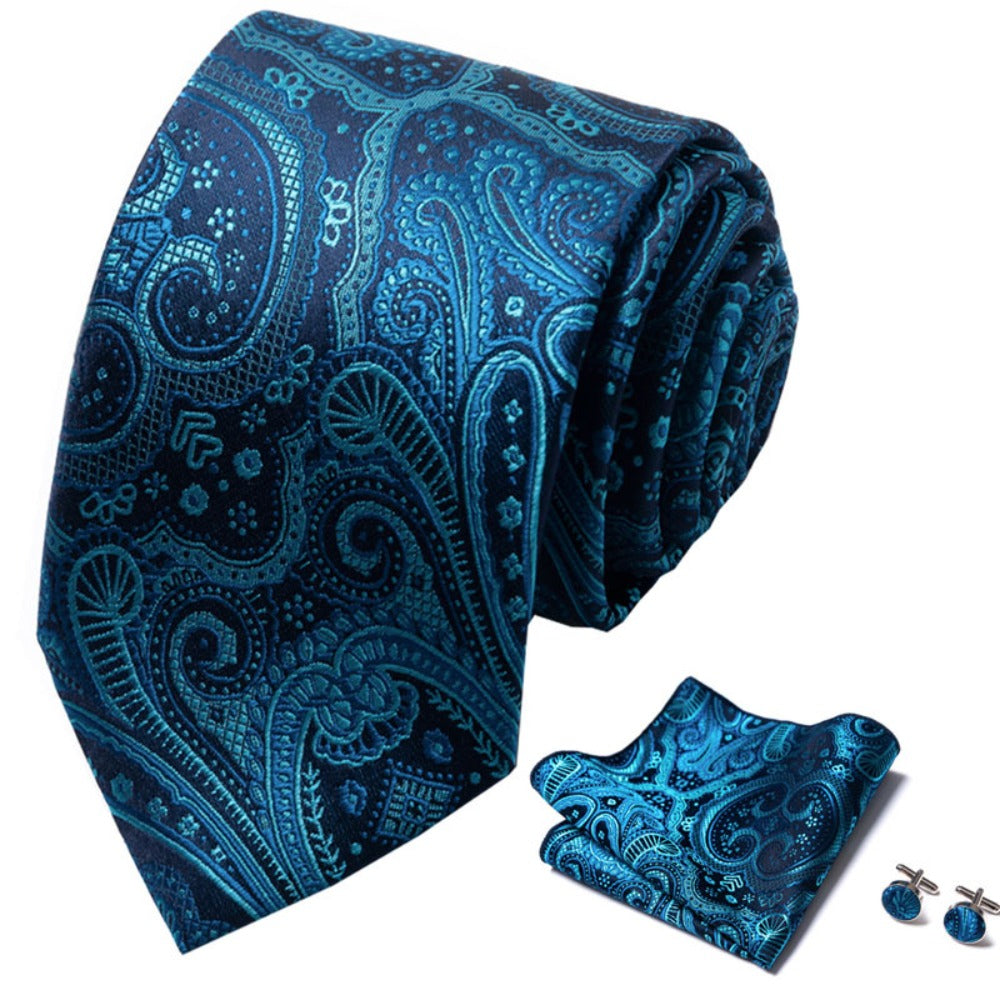 Cyan Blue Paisley Pattern Necktie Set / Pocket Square Tie Bowtie Cufflinks Set / Wedding Tie / Tie Clips / Gift for him Mens Groomsmen Gift