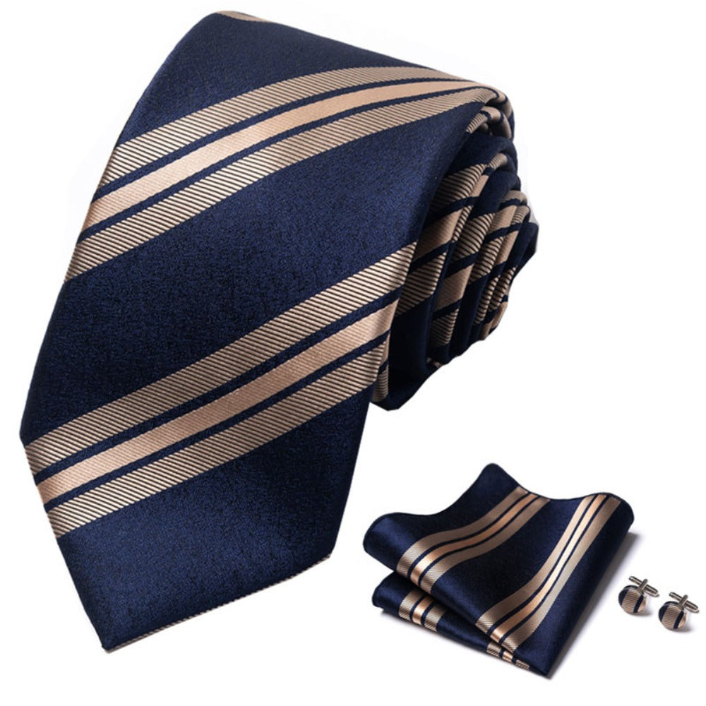 Navy Blue Rose Gold Stripe Necktie Set / Pocket Square Tie Bowtie Cufflinks Set / Wedding Tie / Tie Clips / Gift for him Mens Groomsmen Gift