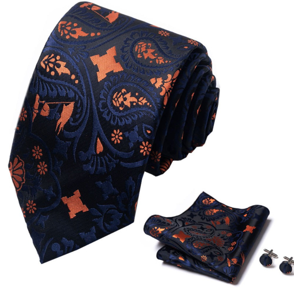 Black Orange Paisley Necktie Set / Pocket Square Tie Bowtie Cufflinks Set / Wedding Tie / Tie Clips / Gift for him Mens Groomsmen Gift