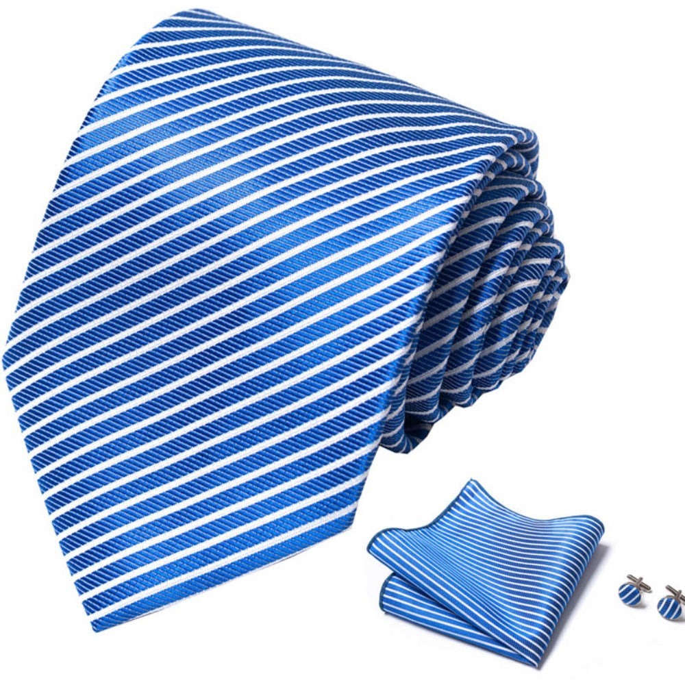 Blue Stripe Tie Set / Pocket Square Tie Bowtie Cufflinks Set / Wedding Tie / Tie Clips / Gift for him Mens Groomsmen Gift