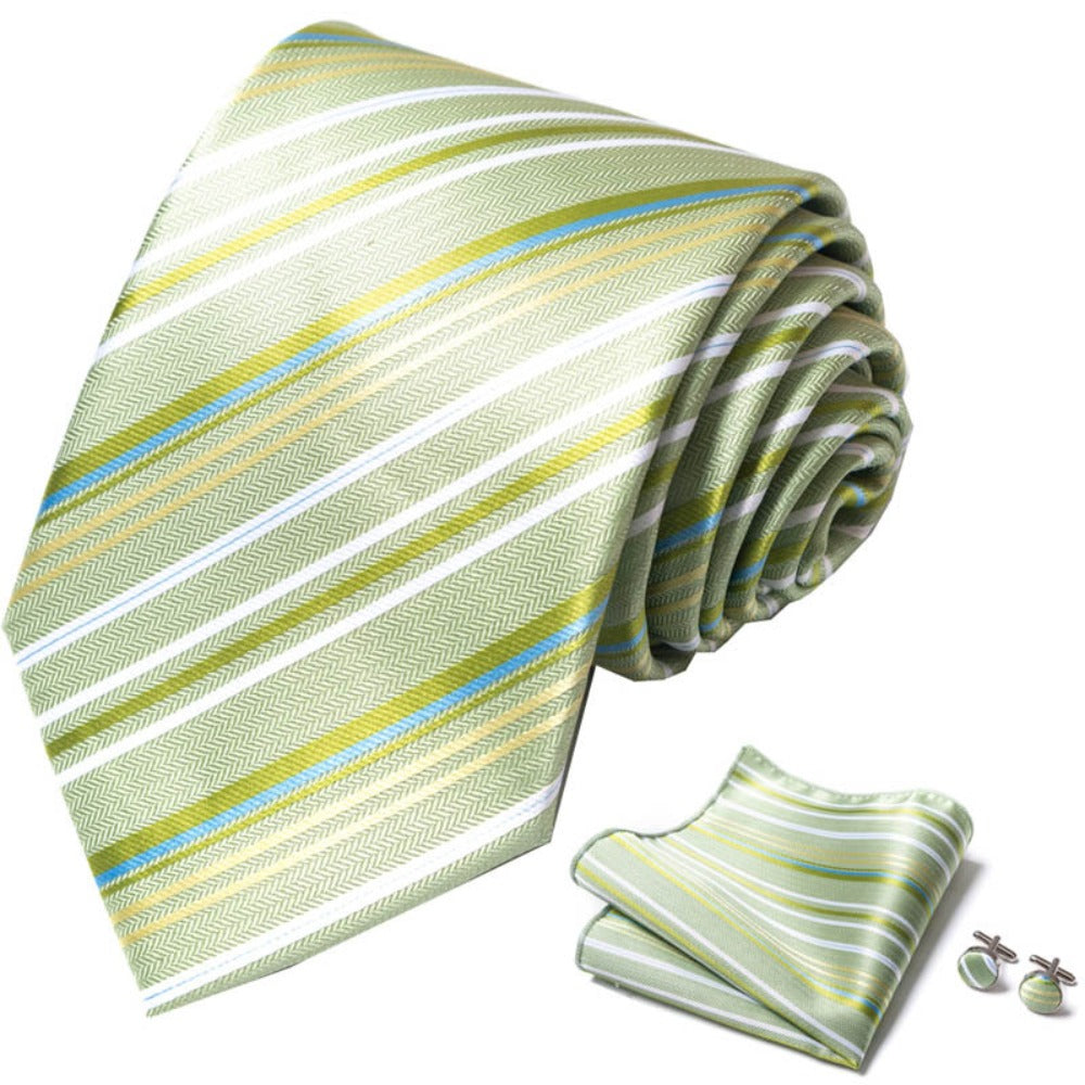 Creamy Green Stripe Pattern Tie Set / Pocket Square Tie Bowtie Cufflinks Set / Wedding Tie / Tie Clips / Gift for him Mens Groomsmen Gift