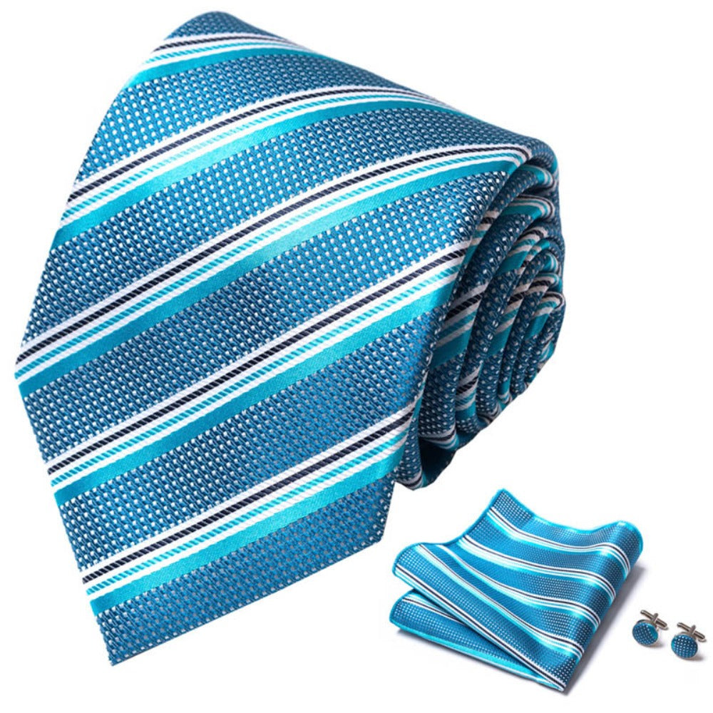 Blue Stripe Pattern Tie Set / Pocket Square Tie Bowtie Cufflinks Set / Wedding Tie / Tie Clips / Gift for him Mens Groomsmen Gift