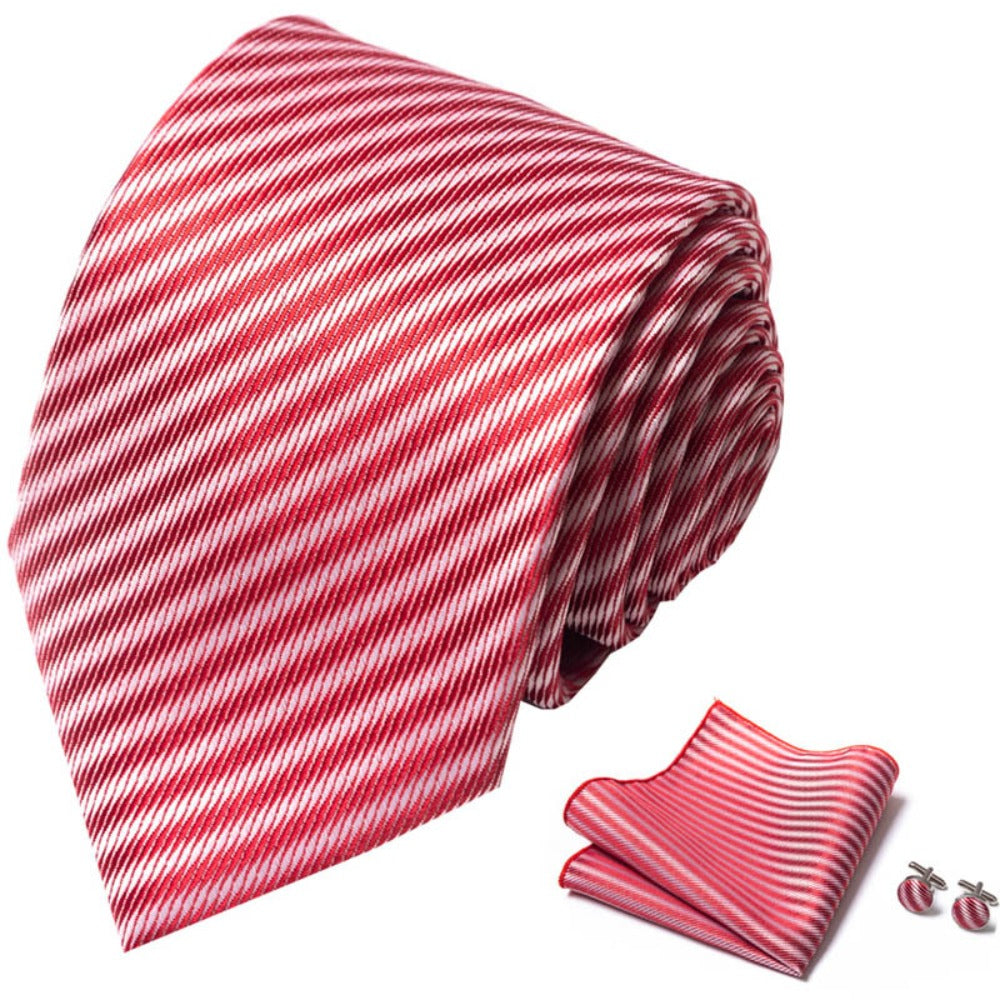 Red Stripe Pattern Tie Set / Pocket Square Tie Bowtie Cufflinks Set / Wedding Tie / Tie Clips / Gift for him Mens Groomsmen Gift