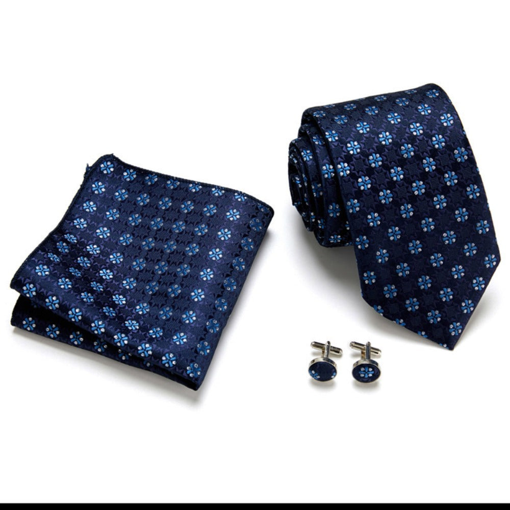 Blue Floral Pattern Tie Set / Pocket Square, Bowtie, Tie Clip, Cufflinks / Gift for Him / Wedding Groomsmen Gift / Men's Present / Gift Box