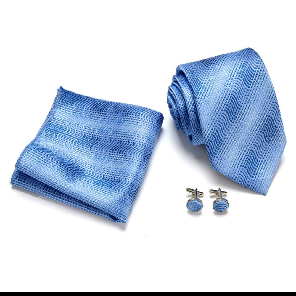 Sky Blue Wave Pattern Tie Set / Pocket Square, Bowtie, Tie Clip, Cufflinks / Gift for Him / Wedding Groomsmen Gift / Men's Present / Box