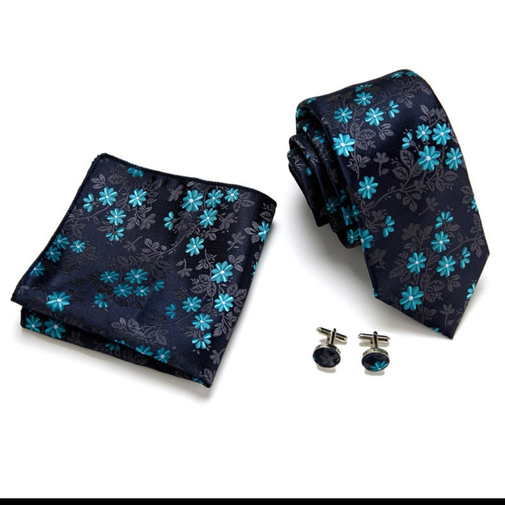 Navy Blue Floral Pattern Tie Set / Pocket Square, Bowtie, Tie Clip, Cufflinks / Gift for Him / Wedding Groomsmen Gift / Men Present / Box