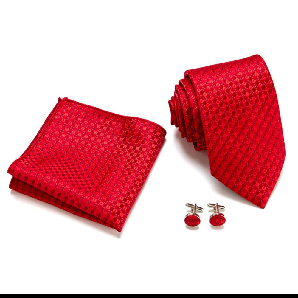 Red Pattern Tie Set / Pocket Square, Bowtie, Tie Clip, Cufflinks / Gift for Him / Wedding Groomsmen Gift / Men's Present / Gift Box