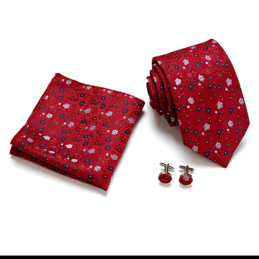 Burgundy Red Floral Pattern Tie Set / Pocket Square, Bowtie, Tie Clip, Cufflinks / Gift for Him / Wedding Groomsmen Gift / Men's Gift Box