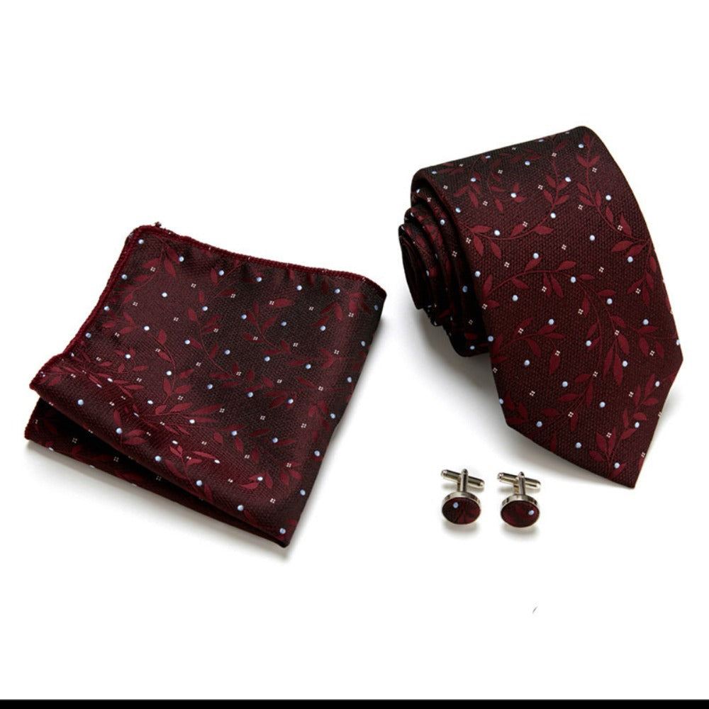 Rosewood Red Floral Pattern Tie Set / Pocket Square, Bowtie, Tie Clip, Cufflinks / Gift for Him / Wedding Groomsmen Gift / Men's Gift Box