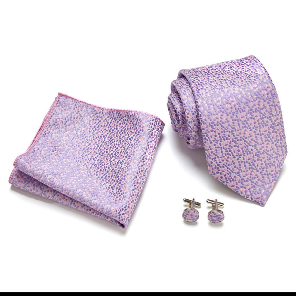 Lavender Pattern Tie Set / Pocket Square, Bowtie, Tie Clip, Cufflinks / Gift for Him / Wedding Groomsmen Gift / Men's Gift Box / Purple