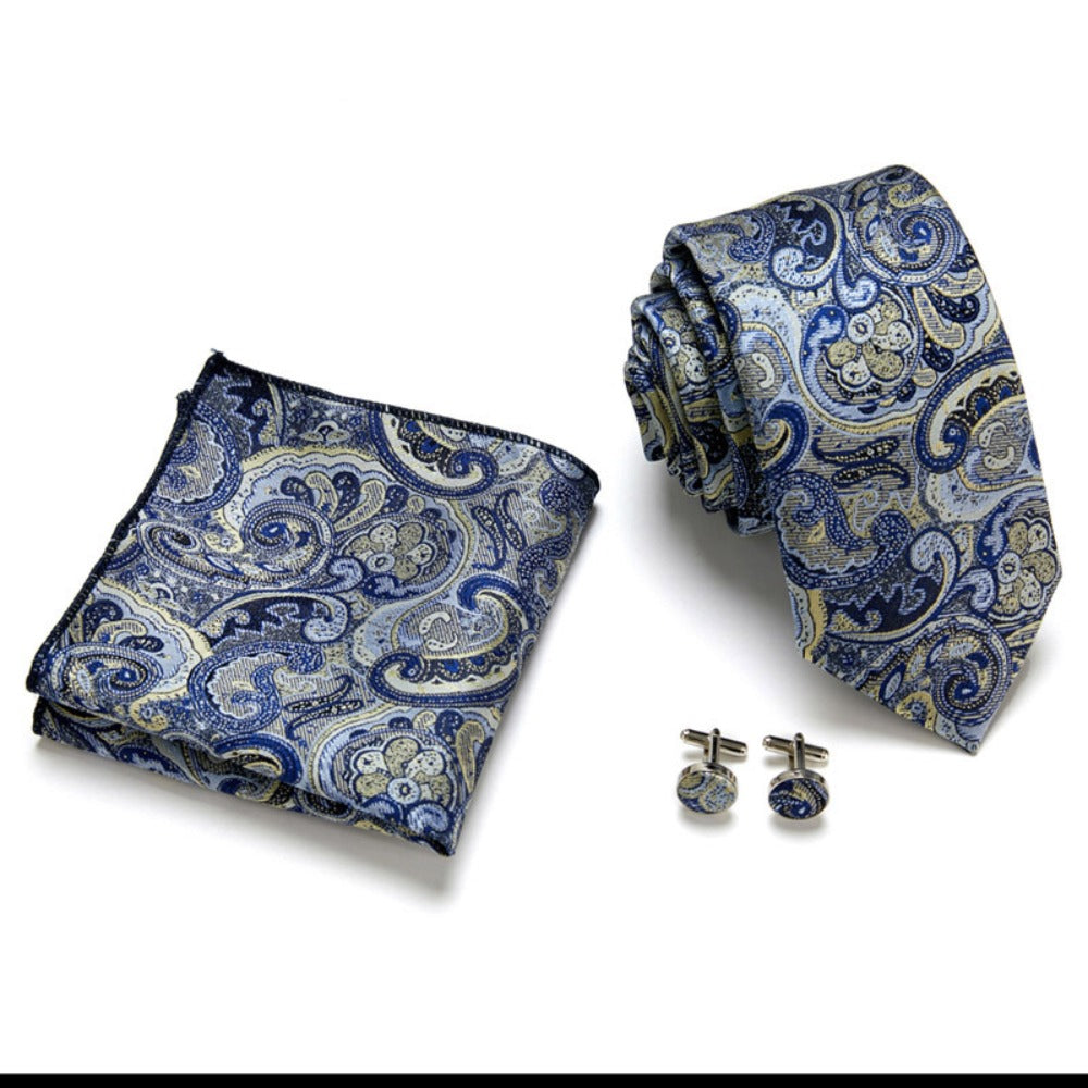 Blue Paisley Tie Set / Pocket Square, Bowtie, Tie Clip, Cufflinks / Gift for Him / Wedding Groomsmen Gift / Men's Gift Box / Purple