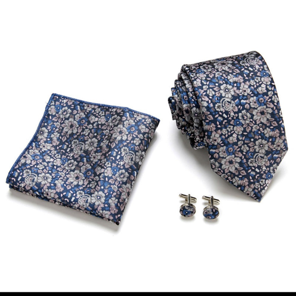 Blue Floral Paisley Tie Set / Pocket Square, Bowtie, Tie Clip, Cufflinks / Gift for Him / Wedding Groomsmen Gift / Men's Gift Box / Purple