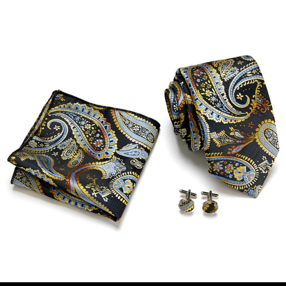 Black Paisley Pattern Tie Set / Pocket Square, Bowtie, Tie Clip, Cufflinks / Gift for Him / Wedding Groomsmen Gift / Men's Gift Box / Purple