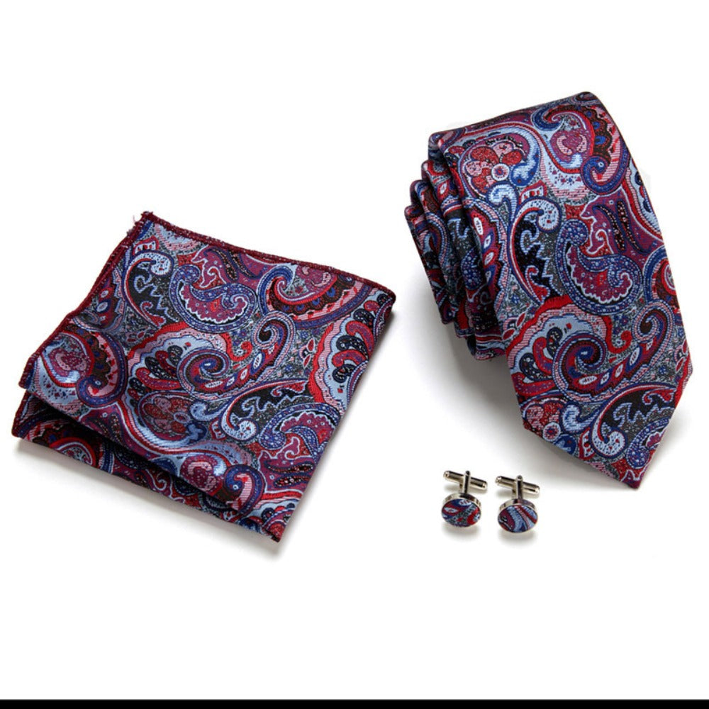 Red and Blue Paisley Tie Set / Pocket Square, Bowtie, Tie Clip, Cufflinks / Gift for Him / Wedding Groomsmen Gift / Men's Gift Box / Purple