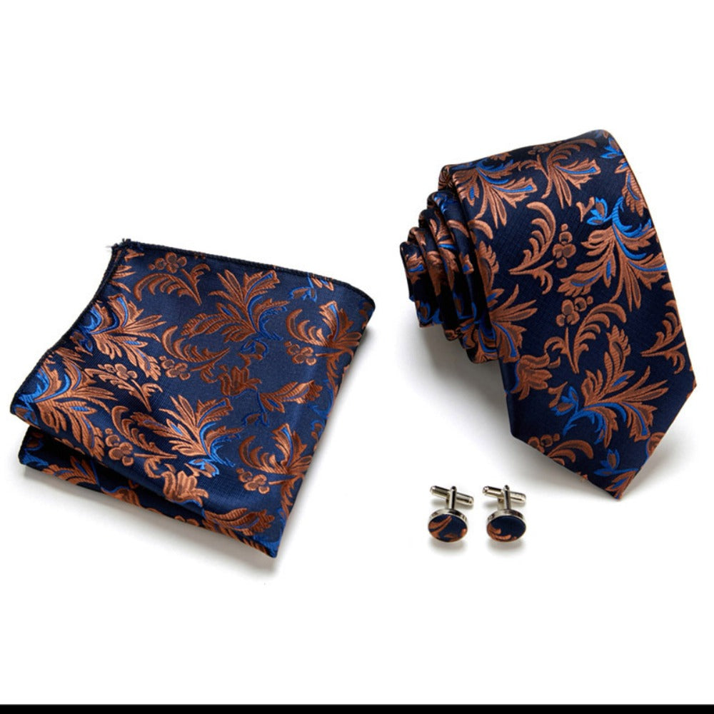 Navy Blue Beige Paisley Tie Set / Pocket Square, Bowtie, Tie Clip, Cufflinks / Gift for Him / Wedding Groomsmen Gift / Men's Gift Box