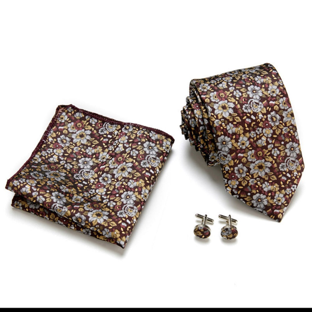 Brown Floral Paisley Tie Set / Pocket Square, Bowtie, Tie Clip, Cufflinks / Gift for Him / Wedding Groomsmen Gift / Men's Gift Box