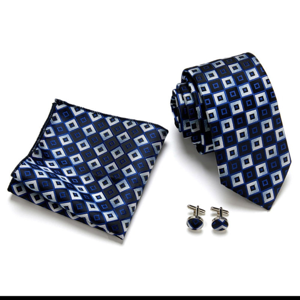 Royal Blue Square Pattern Tie Set / Pocket Square, Bowtie, Tie Clip, Cufflinks / Gift for Him / Wedding Groomsmen Gift / Men's Gift Box