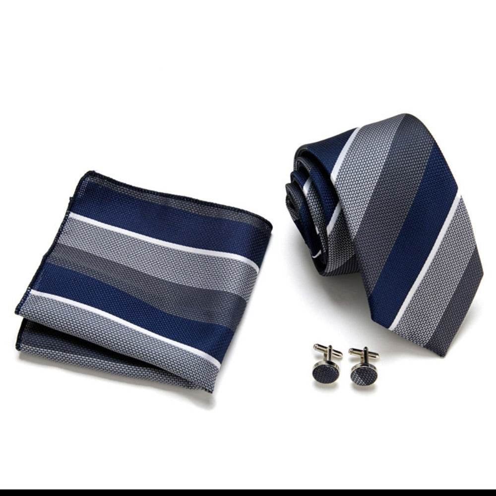 Dark Gray & Blue Stripe Pattern Tie Set / Pocket Square, Bowtie, Tie Clip, Cufflinks / Gift for Him / Wedding Groomsmen Gift / Men Gift Box