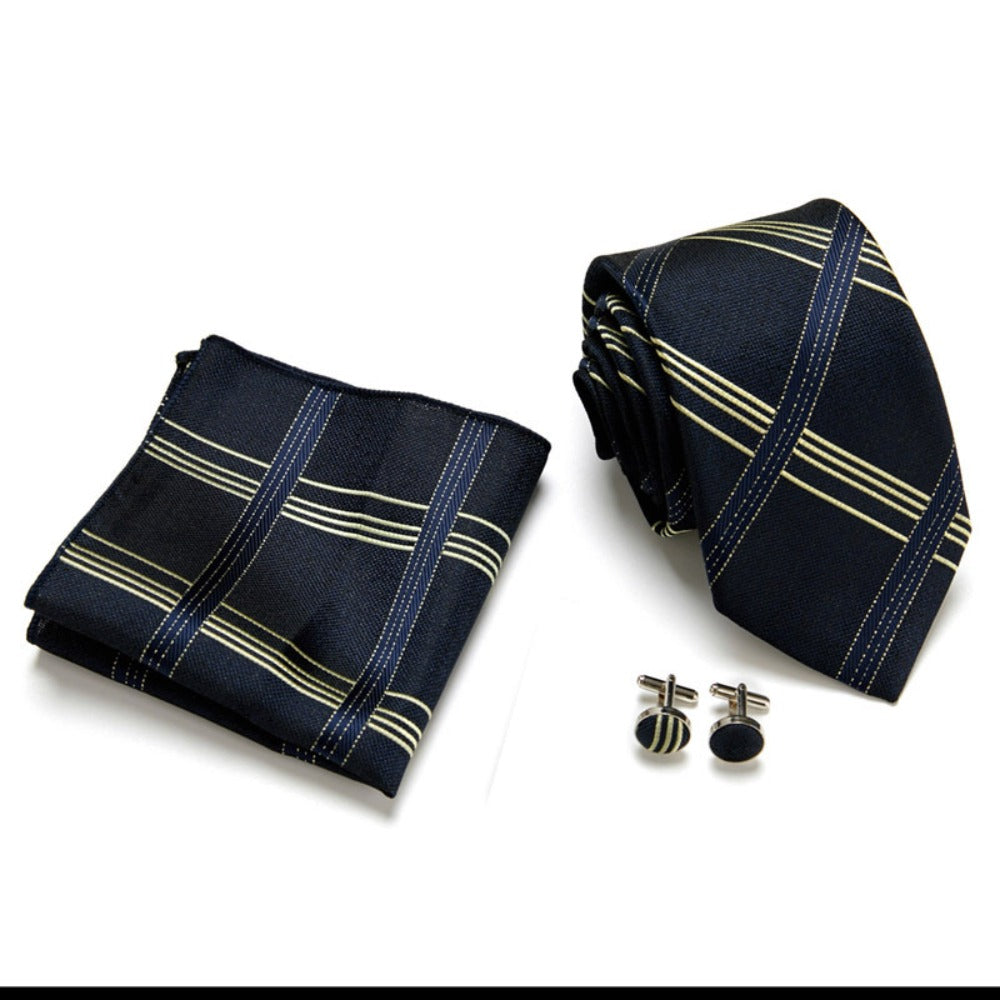 Navy Blue Stripe Pattern Tie Set / Pocket Square, Bowtie, Tie Clip, Cufflinks / Gift for Him / Wedding Groomsmen Gift / Men Gift Box