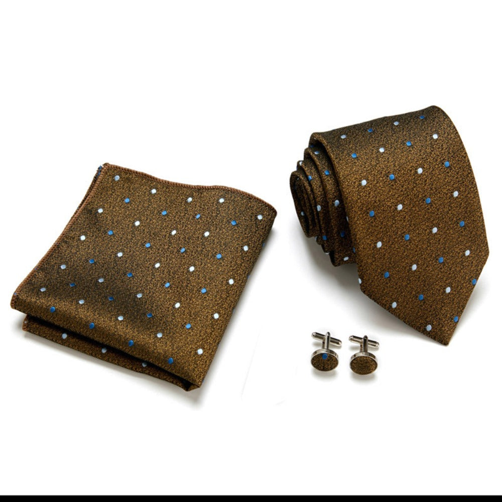 Brown Green Dot Pattern Tie Set / Pocket Square, Bowtie, Tie Clip, Cufflinks / Gift for Him / Wedding Groomsmen Gift / Men Gift Box