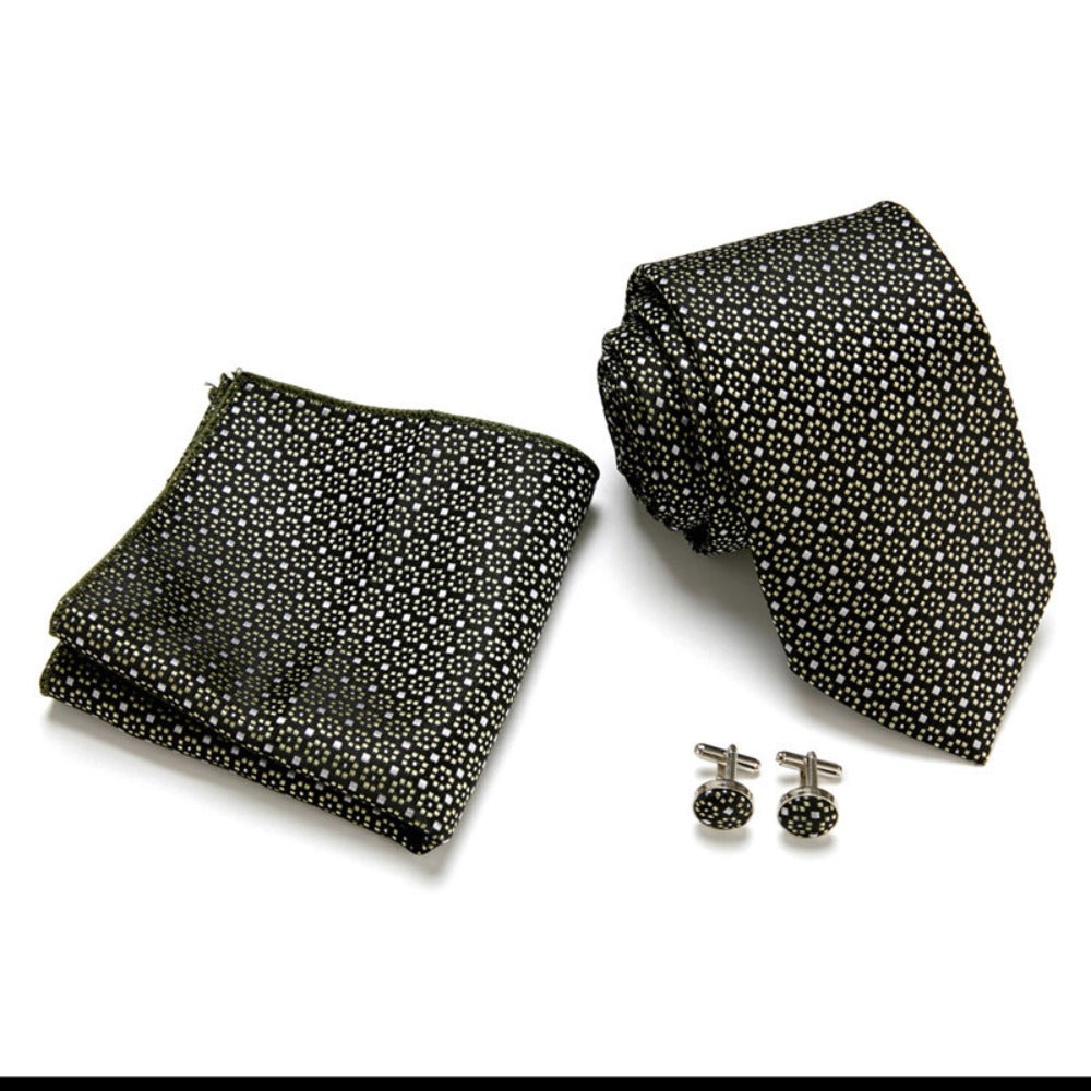 Black White Flower Pattern Tie Set / Pocket Square, Bowtie, Tie Clip, Cufflinks / Gift for Him / Wedding Groomsmen Gift / Men Gift Box