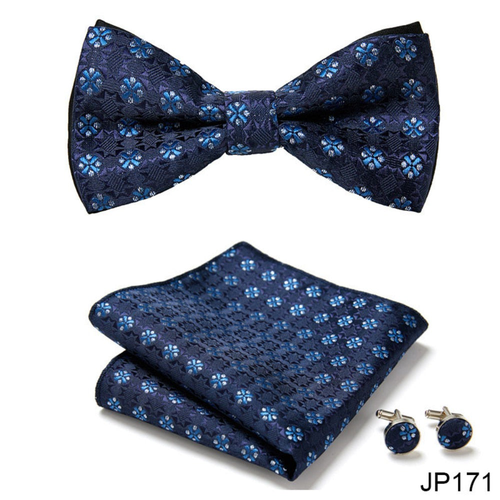 Blue Floral Pattern Tie Set / Pocket Square, Bowtie, Tie Clip, Cufflinks / Gift for Him / Wedding Groomsmen Gift / Men's Present / Gift Box