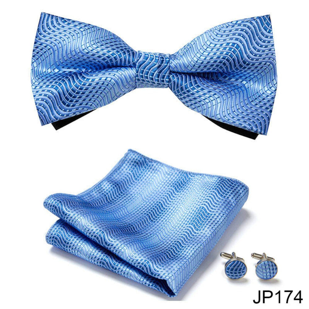 Sky Blue Wave Pattern Tie Set / Pocket Square, Bowtie, Tie Clip, Cufflinks / Gift for Him / Wedding Groomsmen Gift / Men's Present / Box