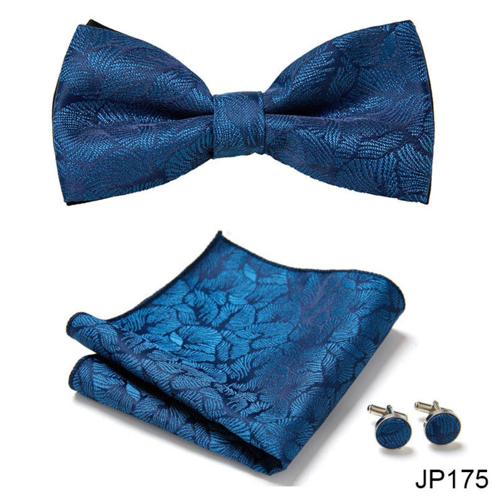 Navy Blue Leaf Pattern Tie Set / Pocket Square, Bowtie, Tie Clip, Cufflinks / Gift for Him / Wedding Groomsmen Gift / Men's Present / Box