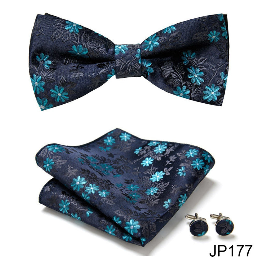 Navy Blue Floral Pattern Tie Set / Pocket Square, Bowtie, Tie Clip, Cufflinks / Gift for Him / Wedding Groomsmen Gift / Men Present / Box