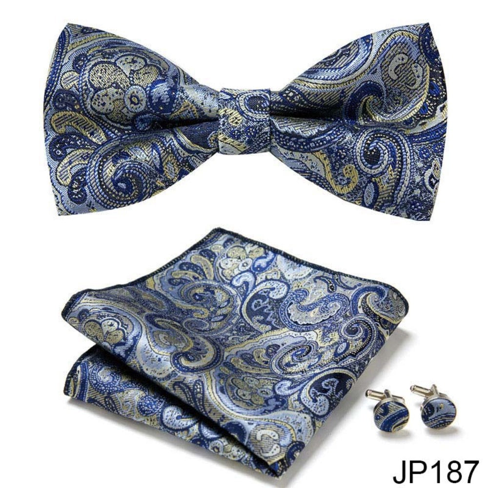 Blue Paisley Tie Set / Pocket Square, Bowtie, Tie Clip, Cufflinks / Gift for Him / Wedding Groomsmen Gift / Men's Gift Box / Purple