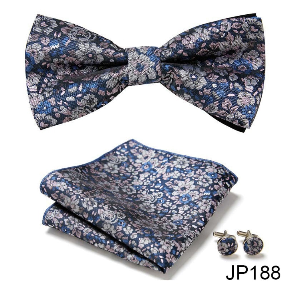 Blue Floral Paisley Tie Set / Pocket Square, Bowtie, Tie Clip, Cufflinks / Gift for Him / Wedding Groomsmen Gift / Men's Gift Box / Purple