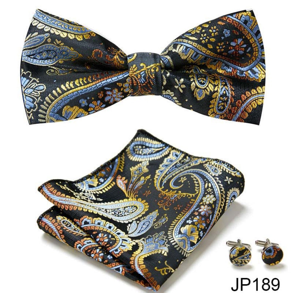 Black Paisley Pattern Tie Set / Pocket Square, Bowtie, Tie Clip, Cufflinks / Gift for Him / Wedding Groomsmen Gift / Men's Gift Box / Purple