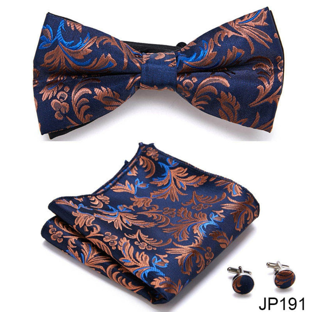 Navy Blue Beige Paisley Tie Set / Pocket Square, Bowtie, Tie Clip, Cufflinks / Gift for Him / Wedding Groomsmen Gift / Men's Gift Box