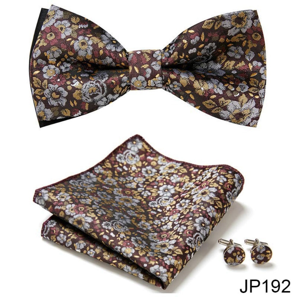 Brown Floral Paisley Tie Set / Pocket Square, Bowtie, Tie Clip, Cufflinks / Gift for Him / Wedding Groomsmen Gift / Men's Gift Box