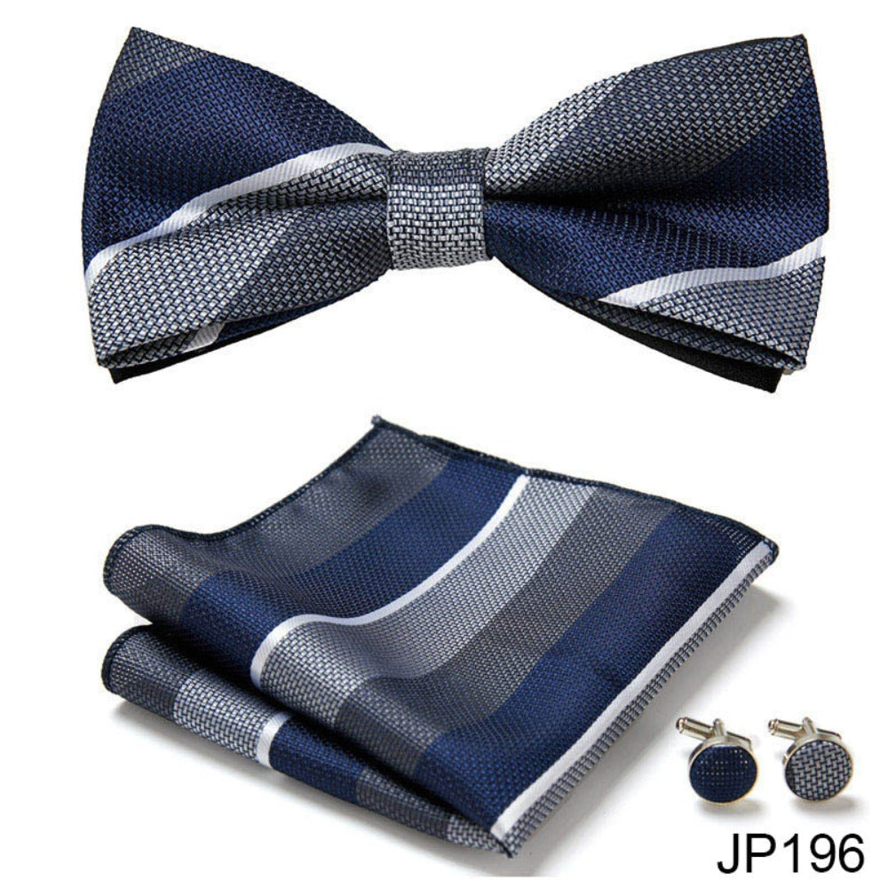 Dark Gray & Blue Stripe Pattern Tie Set / Pocket Square, Bowtie, Tie Clip, Cufflinks / Gift for Him / Wedding Groomsmen Gift / Men Gift Box