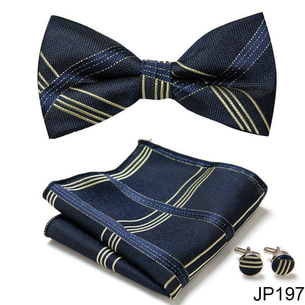 Navy Blue Stripe Pattern Tie Set / Pocket Square, Bowtie, Tie Clip, Cufflinks / Gift for Him / Wedding Groomsmen Gift / Men Gift Box