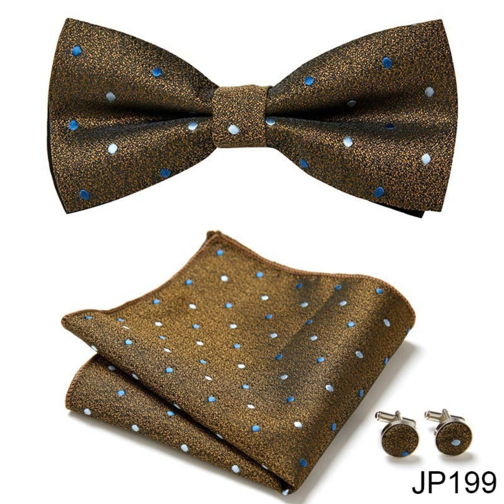 Brown Green Dot Pattern Tie Set / Pocket Square, Bowtie, Tie Clip, Cufflinks / Gift for Him / Wedding Groomsmen Gift / Men Gift Box