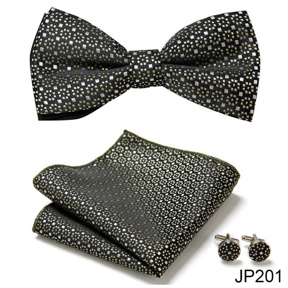 Black White Flower Pattern Tie Set / Pocket Square, Bowtie, Tie Clip, Cufflinks / Gift for Him / Wedding Groomsmen Gift / Men Gift Box