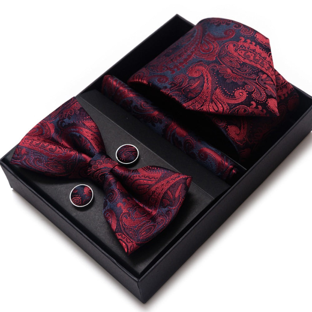 Burgundy Red Paisley Tie Set / Pocket Square Tie Bowtie Cufflinks Set / Wedding Tie / Tie Clips / Gift for him Mens anniversary Groomsmen Gift