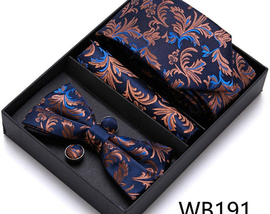 Navy Blue Beige Paisley Tie Set / Pocket Square, Bowtie, Tie Clip, Cufflinks / Gift for Him / Wedding Groomsmen Gift / Men's Gift Box