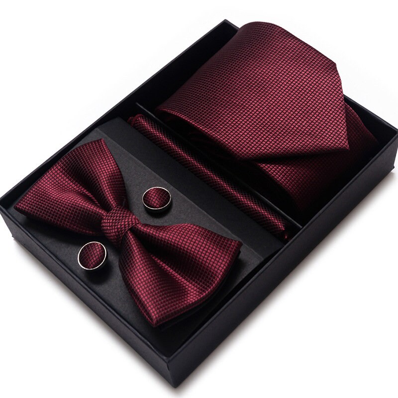 Dark Red Square Pattern Tie Set / Pocket Square Tie Bowtie Cufflinks Set / Wedding Tie / Tie Clips / Gift for him Mens Groomsmen Gift