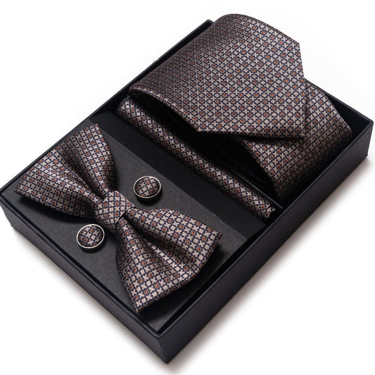 XOXO Brown Pattern Tie Set / Pocket Square Tie Bowtie Cufflinks Set / Wedding Tie / Tie Clips / Gift for him Mens Groomsmen Gift