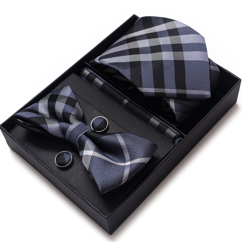 Plaid Stripe Tie Set / Pocket Square Tie Bowtie Cufflinks Set / Wedding Tie / Tie Clips / Gift for him Mens Groomsmen Gift