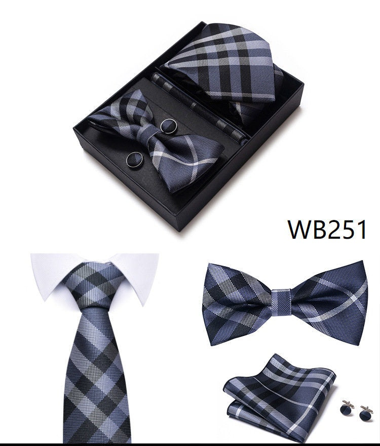 Plaid Stripe Tie Set / Pocket Square Tie Bowtie Cufflinks Set / Wedding Tie / Tie Clips / Gift for him Mens Groomsmen Gift