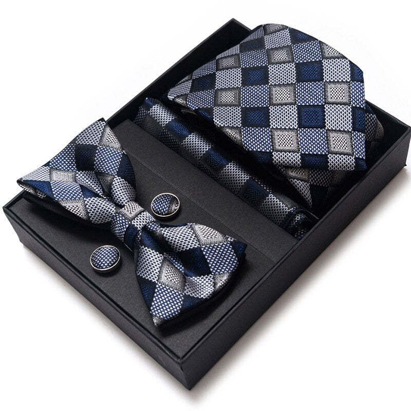 Blue Plaid Pattern Necktie Set / Pocket Square Tie Bowtie Cufflinks Set / Wedding Tie / Tie Clips / Gift for him Mens Groomsmen Gift