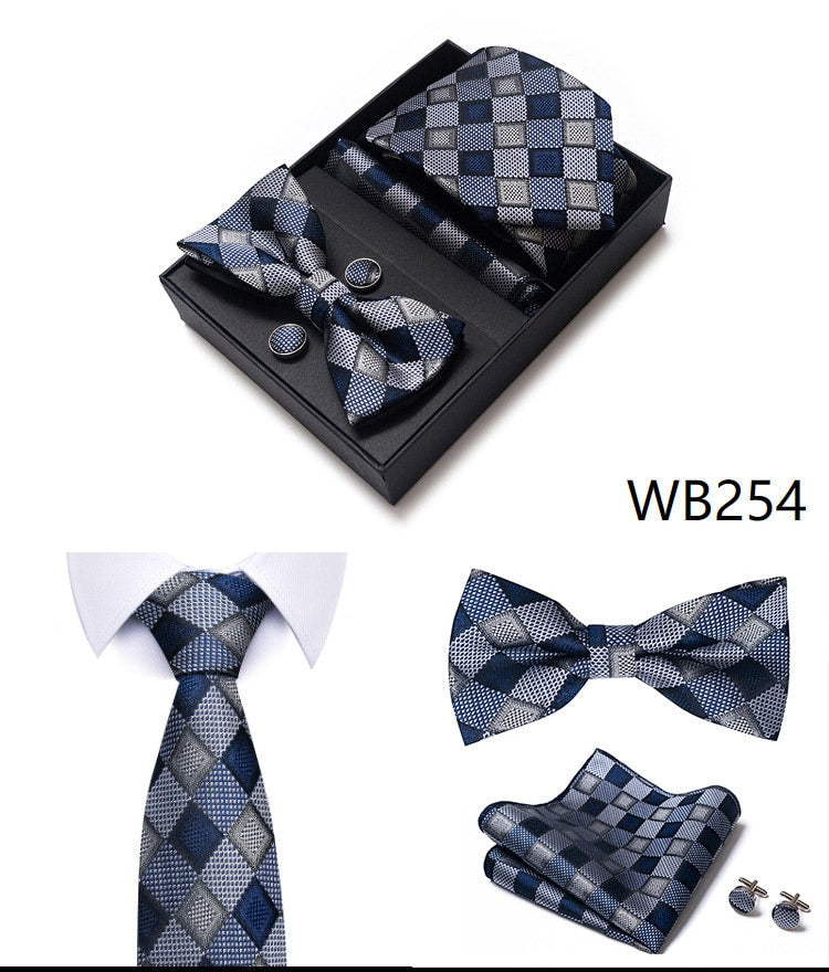 Blue Plaid Pattern Necktie Set / Pocket Square Tie Bowtie Cufflinks Set / Wedding Tie / Tie Clips / Gift for him Mens Groomsmen Gift