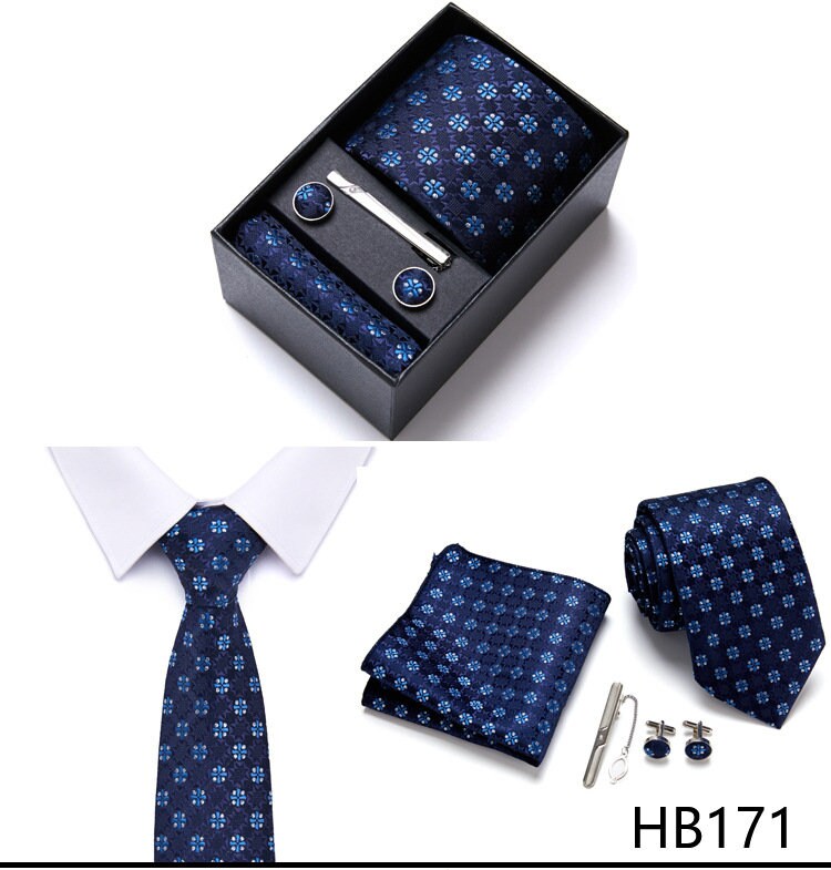 Blue Floral Pattern Tie Set / Pocket Square, Bowtie, Tie Clip, Cufflinks / Gift for Him / Wedding Groomsmen Gift / Men's Present / Gift Box