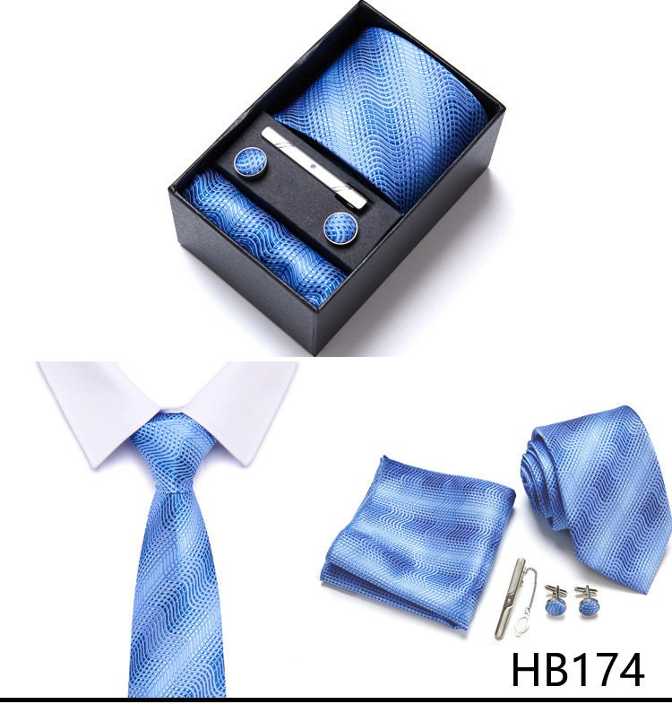 Sky Blue Wave Pattern Tie Set / Pocket Square, Bowtie, Tie Clip, Cufflinks / Gift for Him / Wedding Groomsmen Gift / Men's Present / Box