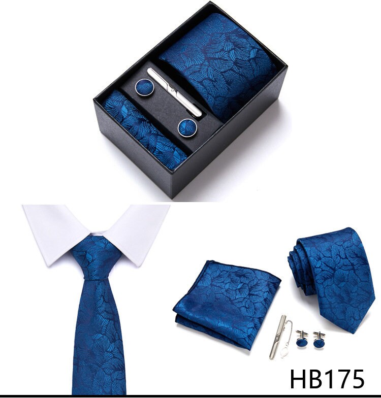 Navy Blue Leaf Pattern Tie Set / Pocket Square, Bowtie, Tie Clip, Cufflinks / Gift for Him / Wedding Groomsmen Gift / Men's Present / Box